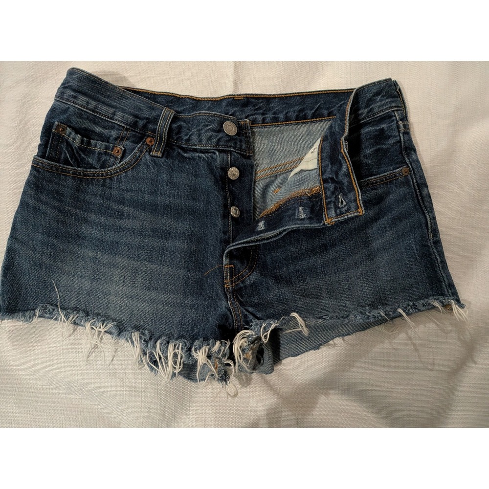 Levis 501 Original High Waisted Sz 29W Button Fly Cut Off Denim Shorts Dark Wash
